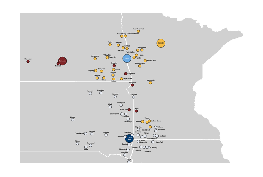 map of Sanford Pledge Sites in ND, SD, MN, IA, NE